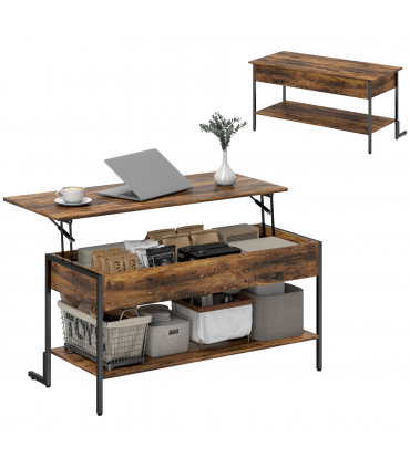 HOMCOM Industrial Lift Top Coffee Table with Storage Shelf Rustic Brown