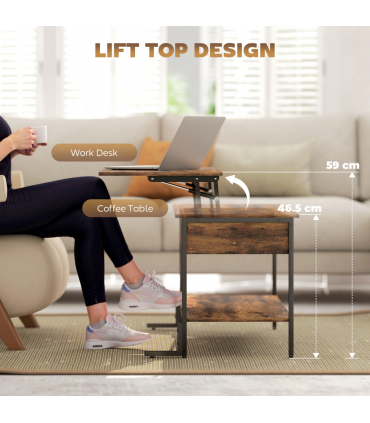 HOMCOM Industrial Lift Top Coffee Table with Storage Shelf Rustic Brown