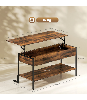 HOMCOM Industrial Lift Top Coffee Table with Storage Shelf Rustic Brown