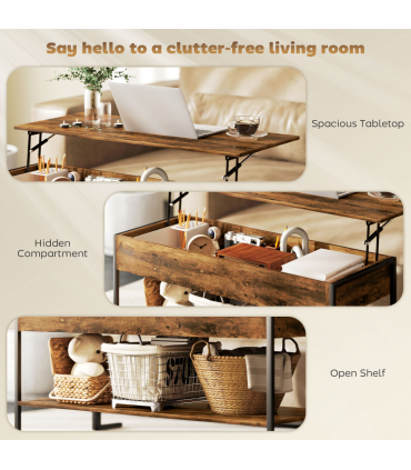 HOMCOM Industrial Lift Top Coffee Table with Storage Shelf Rustic Brown