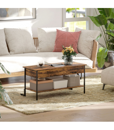 HOMCOM Industrial Lift Top Coffee Table with Storage Shelf Rustic Brown