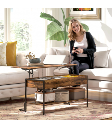 HOMCOM Industrial Lift Top Coffee Table with Storage Shelf Rustic Brown