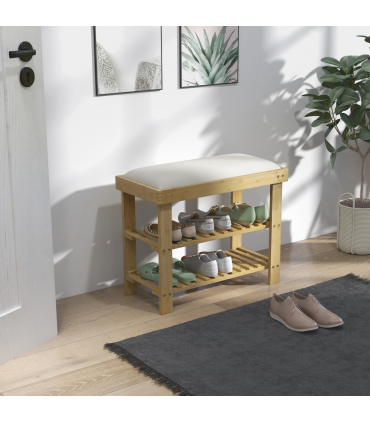 HOMCOM 3-Tier Shoe Storage Bench, Bamboo Shoe Rack for Entryway, Cream