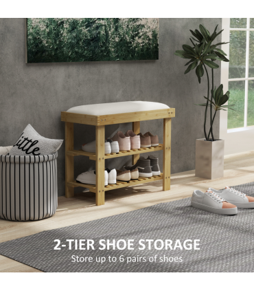 HOMCOM 3-Tier Shoe Storage Bench, Bamboo Shoe Rack for Entryway, Cream