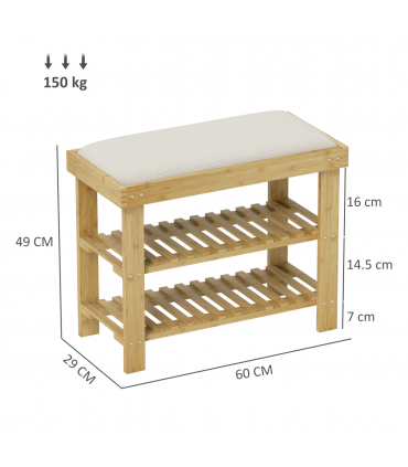 HOMCOM 3-Tier Shoe Storage Bench, Bamboo Shoe Rack for Entryway, Cream