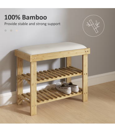 HOMCOM 3-Tier Shoe Storage Bench, Bamboo Shoe Rack for Entryway, Cream
