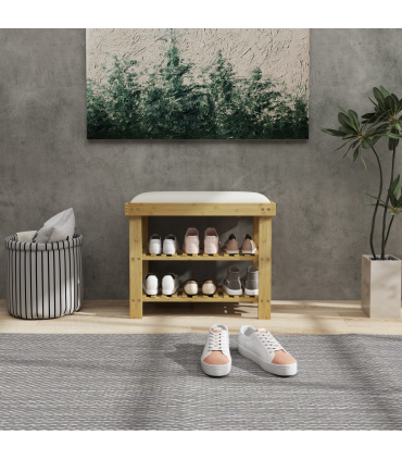 HOMCOM 3-Tier Shoe Storage Bench, Bamboo Shoe Rack for Entryway, Cream