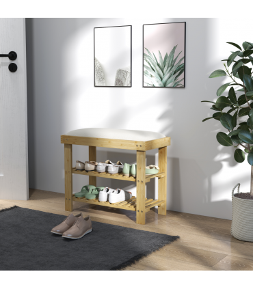 HOMCOM 3-Tier Shoe Storage Bench, Bamboo Shoe Rack for Entryway, Cream