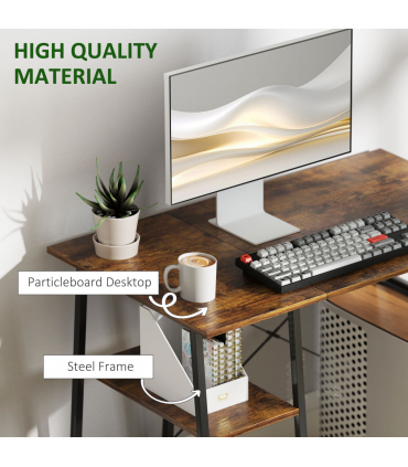 HOMCOM Computer Table Wor Desk with Shelves & Steel Frame, Rustic Brown