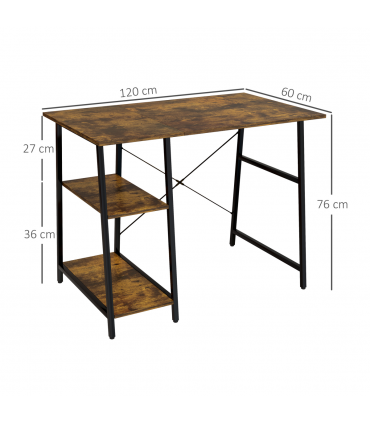 HOMCOM Computer Table Wor Desk with Shelves & Steel Frame, Rustic Brown