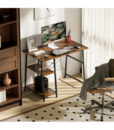 HOMCOM Computer Table Wor Desk with Shelves & Steel Frame, Rustic Brown