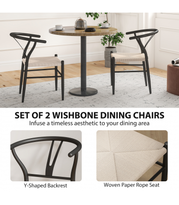 HOMCOM Weave Dining Chairs Set of 2 with Y-Shaped Backrest Hemp Seat Black