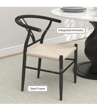 HOMCOM Weave Dining Chairs Set of 2 with Y-Shaped Backrest Hemp Seat Black