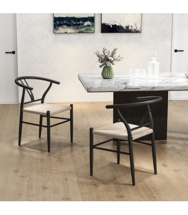 HOMCOM Weave Dining Chairs Set of 2 with Y-Shaped Backrest Hemp Seat Black