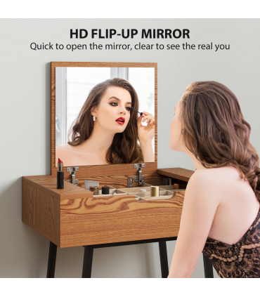 HOMCOM Industrial Vanity Desk with Mirror and Steel Legs Natural Wood Effect