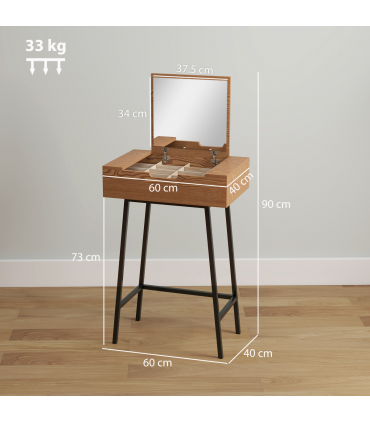 HOMCOM Industrial Vanity Desk with Mirror and Steel Legs Natural Wood Effect