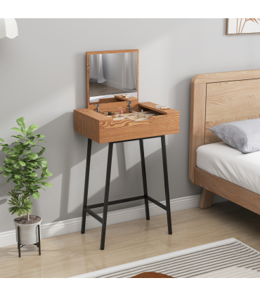 HOMCOM Industrial Vanity Desk with Mirror and Steel Legs Natural Wood Effect