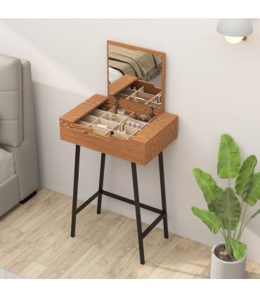 HOMCOM Industrial Vanity Desk with Mirror and Steel Legs Natural Wood Effect