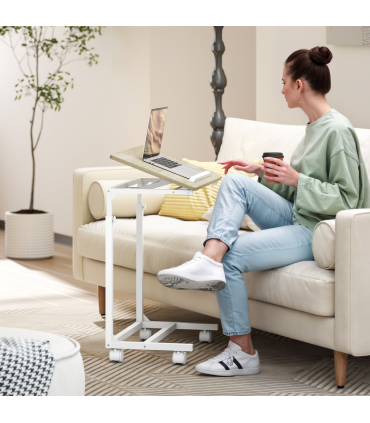 HOMCOM C-Shaped Sofa Side Table, Height Adjustable Overbed Table, Oak