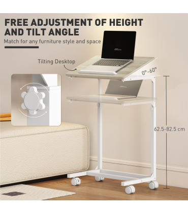 HOMCOM C-Shaped Sofa Side Table, Height Adjustable Overbed Table, Oak