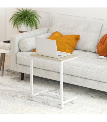 HOMCOM C-Shaped Sofa Side Table, Height Adjustable Overbed Table, Oak