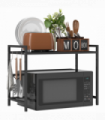 HOMCOM 2-Tier Expandable Microwave Oven Rack with 3 Hooks, Black