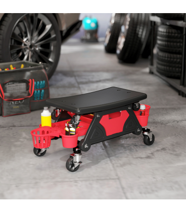 HOMCOM Rolling Mechanic Stool, 135kg Capacity Workshop Stool, Red