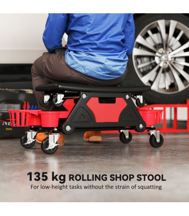 HOMCOM Rolling Mechanic Stool, 135kg Capacity Workshop Stool, Red