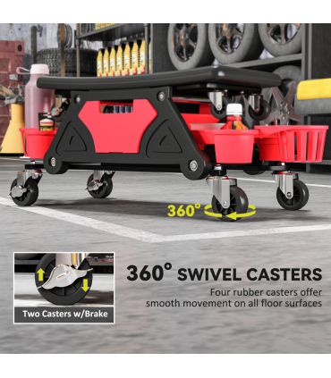 HOMCOM Rolling Mechanic Stool, 135kg Capacity Workshop Stool, Red