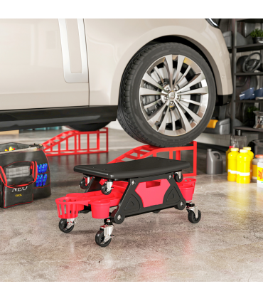 HOMCOM Rolling Mechanic Stool, 135kg Capacity Workshop Stool, Red