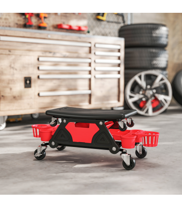 HOMCOM Rolling Mechanic Stool, 135kg Capacity Workshop Stool, Red