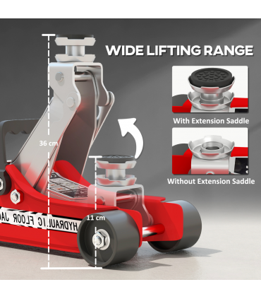 HOMCOM Hydraulic Low Profile Floor Jack, 2.5 T 80-360 mm Steel Car Jack, Red