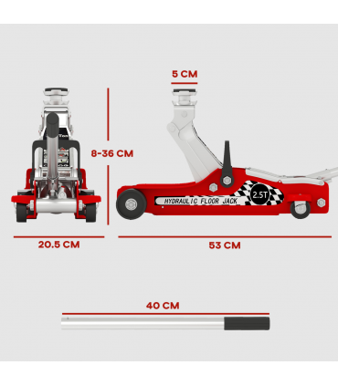 HOMCOM Hydraulic Low Profile Floor Jack, 2.5 T 80-360 mm Steel Car Jack, Red