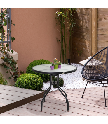 80cm Outdoor Round Dining Table Garden Patio Tempered Glass Top w/ Parasol Hole