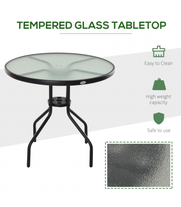 80cm Outdoor Round Dining Table Garden Patio Tempered Glass Top w/ Parasol Hole