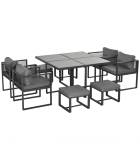 8 Seater Dining Cube Set  Dining Table, 4 Chairs & 4 Footstools & Cushion, Grey