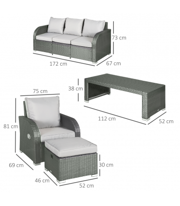 7-Seater Outdoor Garden Rattan Furniture Set w/ Recliners Grey