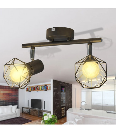 Black Industrial Style Wire Frame Spot Light with 2 LED Filament Bulbs