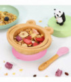 Frog Bamboo Bowl and Spoon Set Suction Bowl Stay-Put Design (Pink)