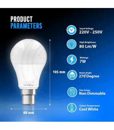 7W B22 Screw LED Light GLS bulbs, Energy Saving Edison  Cool White 6000K non dimmable lights