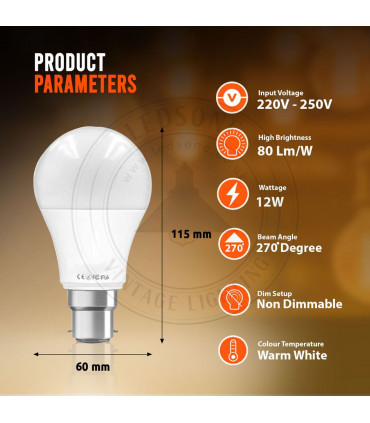 B22 12W Energy Saving Warm White LED Light Bulbs A60 B22 Screw-in non dimmable bulbs-pack 2