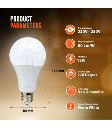 E27 18W Energy Saving Warm White LED Light Bulbs A60 E27 Screw-in non dimmable bulbs-pack 2