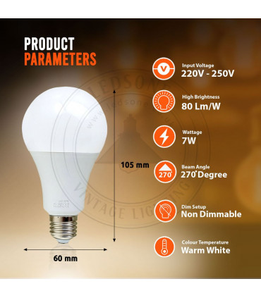 E27 7W Energy Saving Warm White LED Light Bulbs A60 E27 Screw-in non dimmable bulbs