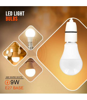 E27 9W Energy Saving Warm White LED Light Bulbs A60 E27 Screw-in non dimmable bulbs-pack 2