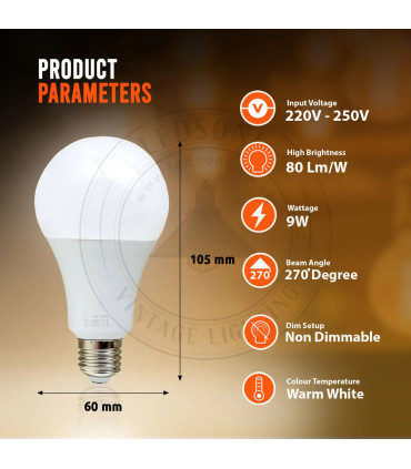 E27 9W Energy Saving Warm White LED Light Bulbs A60 E27 Screw-in non dimmable bulbs-pack 3