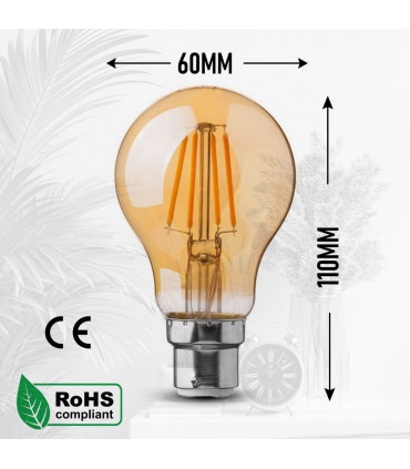 2 Pack A60 B22 4W Bayonet Style LED filament Retro Amber light bulb Warm white glass bulbs 2700K Light Bulbs