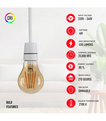 2 Pack A60 B22 4W Bayonet Style LED filament Retro Amber light bulb Warm white glass bulbs 2700K Light Bulbs