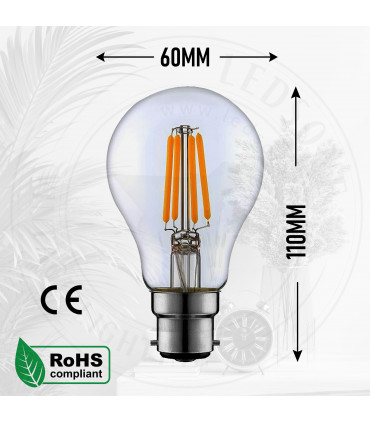2 Pack A60 B22 4W Bayonet Style LED filament Retro light bulb Cool white glass bulbs 6000K Light Bulbs