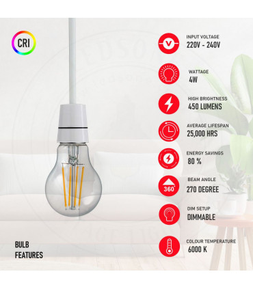 2 Pack A60 B22 4W Bayonet Style LED filament Retro light bulb Cool white glass bulbs 6000K Light Bulbs