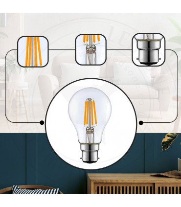 2 Pack A60 B22 4W Bayonet Style LED filament Retro light bulb Cool white glass bulbs 6000K Light Bulbs